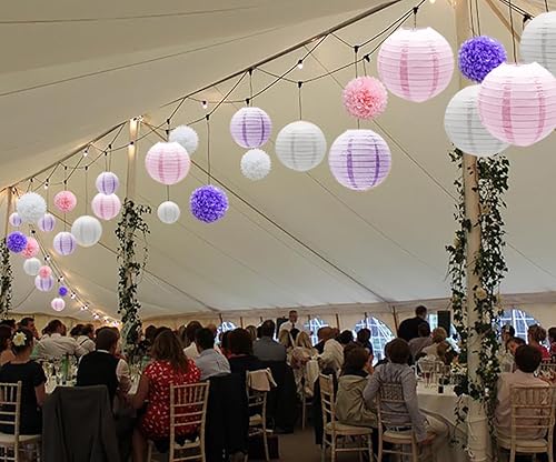 Miniatura 3 de KAXIXI Juego de decoraciones colgantes para fiestas, 15 unidades, flores de papel rosa, morado, blanco, pompones y faroles de papel para bodas, Dark
