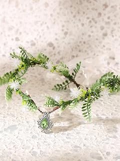Elfo Corona De Cristal Diadema con corona de elfo de hadas del bosque, corona floral verde en forma de V, tocado de novia for boda con colgante de gema for mujeres y niñas Tiara Para Mujer(Color:FC152
