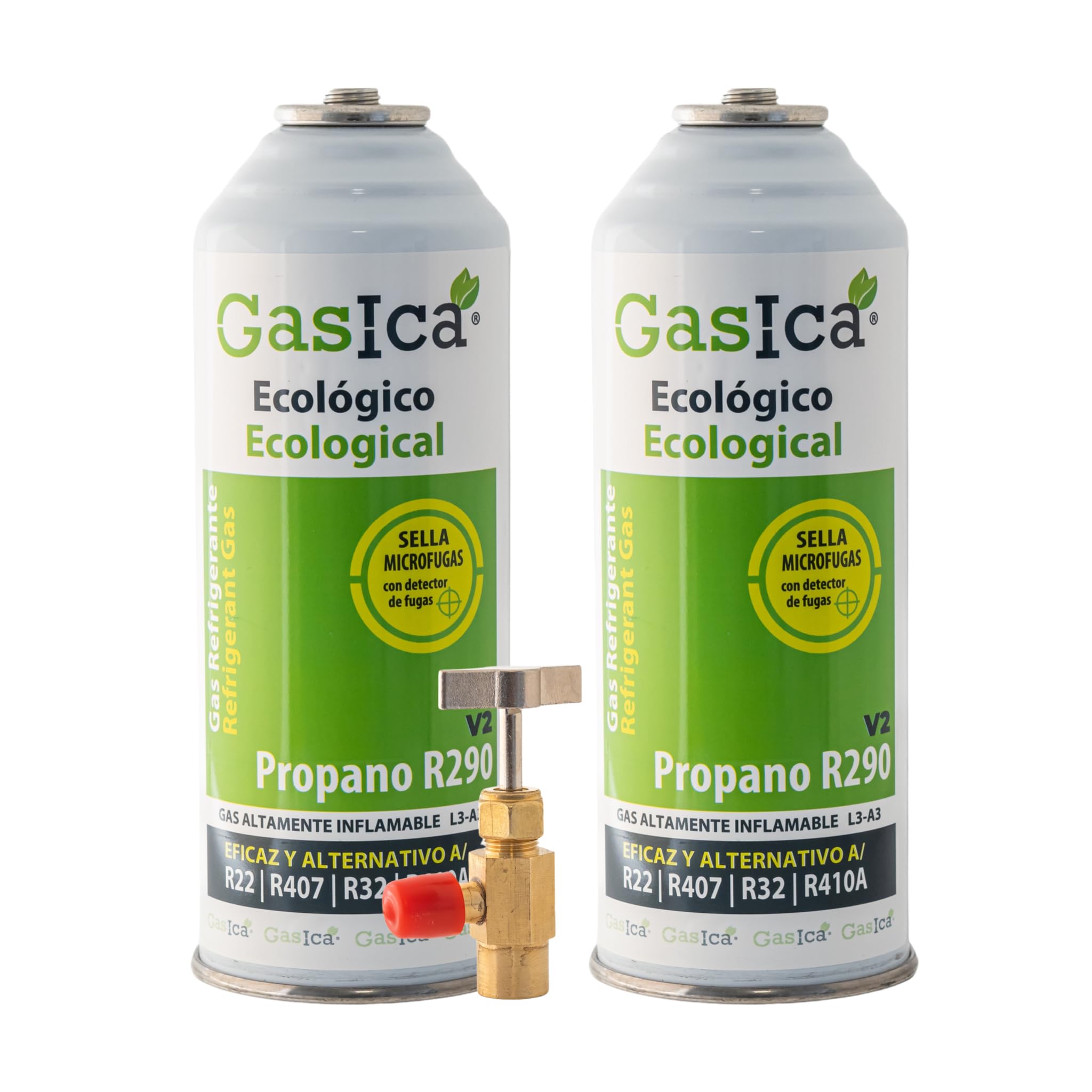 2x Envases GASICA V2 | 452g Neto Total | Gas Refrigerante Ecológico Alternativo R22, R407C y R410A | Incluye Válvula de Servicio (Para Ambos Botes) | Sustituto Rápido A/C