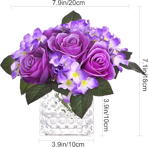 Miniatura 8 de Fule - Arreglo de centro de mesa de rosas artificiales de seda en jarrón de vidrio con luz LED para decoración del hogar y boda (morado claro)