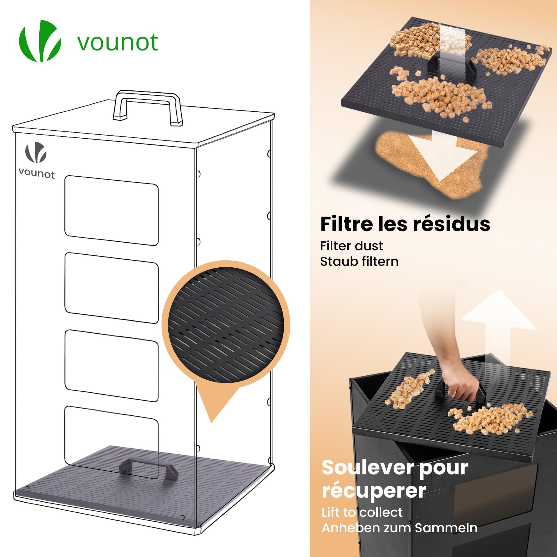 Réservoir à Granulés en Métal 45kg avec Roulettes et Tamis Amovible 36x36x76cm Noir