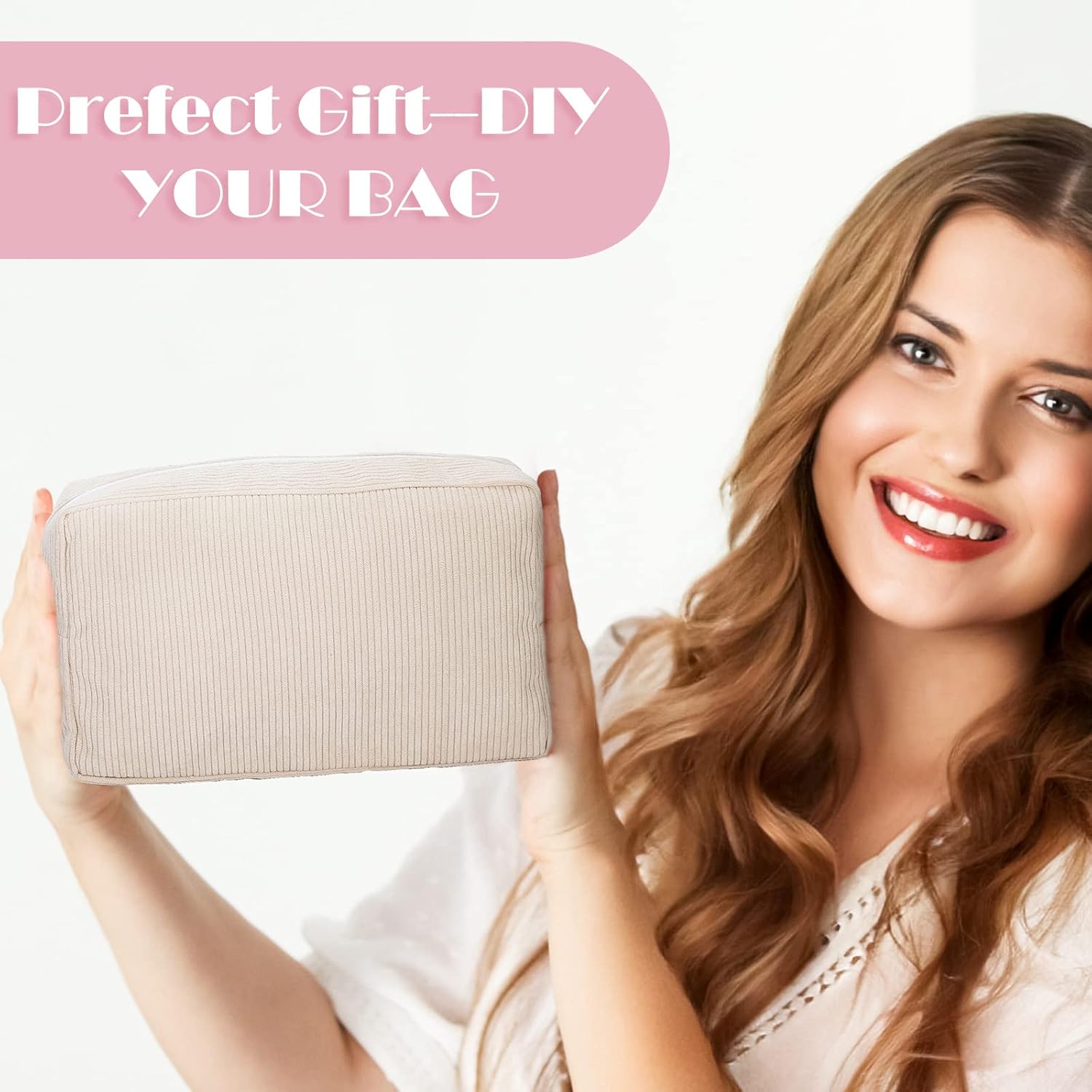 Amylove 12 Pcs Corduroy Makeup Bag Large Capacity Preppy Cosmetic Bag Bulk DIY Daily Use Plain Portable Makeup Pouch Travel Purse Organizer Storage for Women Xmas Gift(Beige Pink) - Image 6