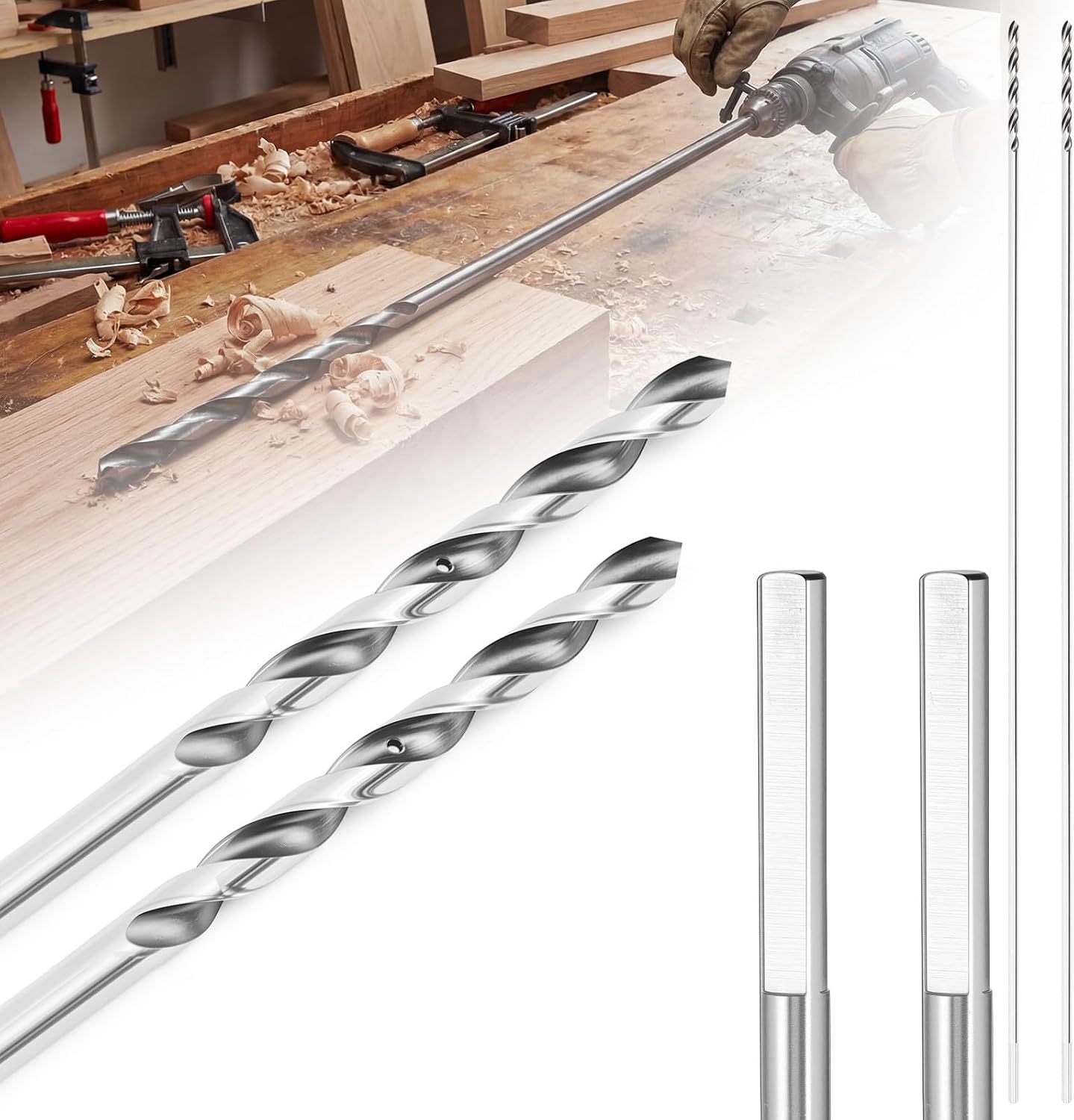 Lounsweer 2 Pack 3/8 x 36 Inch Straight Shank Installer Drill Bit for Wood Extra Long Drill Bits for Wood with Wire Pulling Hole for Woodworking Walls Ceilings Floors