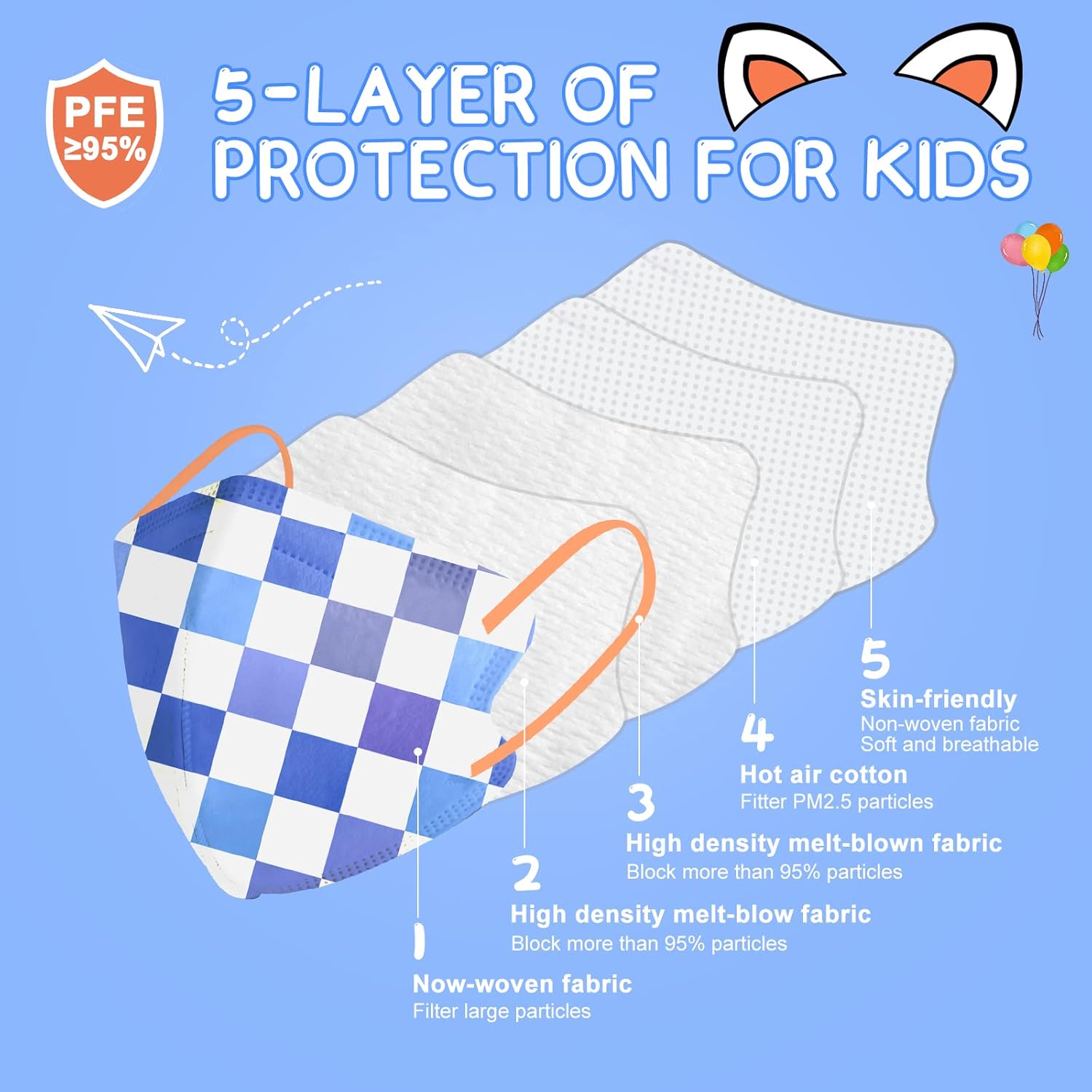 MISSAA KN95 Face Masks for Kids 30 Pcs, 5 Layers Disposable Protective Mask Small Size with Elastic Earloops for Children Boys Girls School Indoor Outdoor Use, Checkerboard