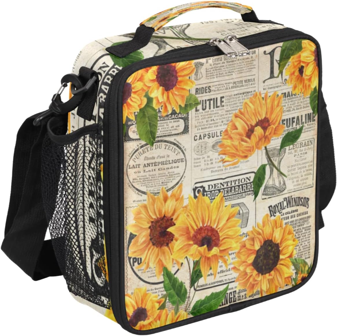 Retro Newpaper Sunflower Insulated Lunch Bag for Women Men Boys Girls, Vintage Floral Print Tote Crossbody Lunchbox Portable Meal Bag for Office Work School