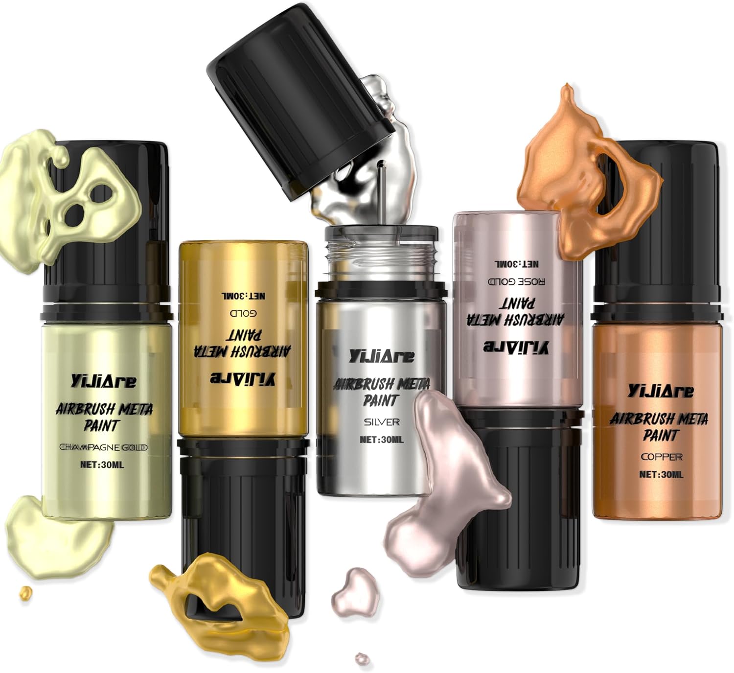 Chrome Airbrush Paint - 5 Colors, Ready-to-Use Alcohol-Based Metallic Airbrush Paint Set for Metal, Plastic Model, DIY Crafts, and Resin Projects - 5 x 30ml Bottles