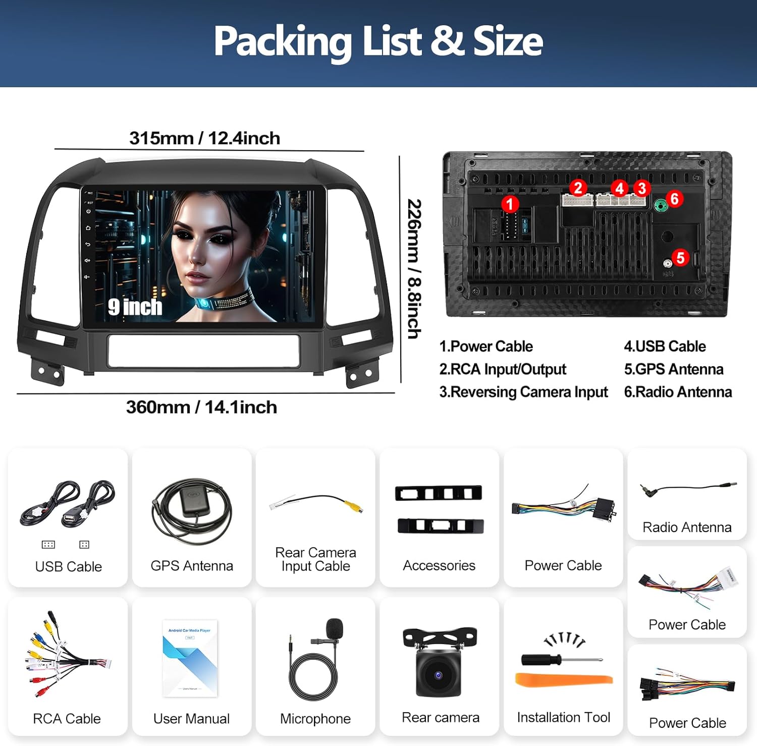 Diagram showing the dimensions of the CAMECHO car stereo and a list of included accessories.