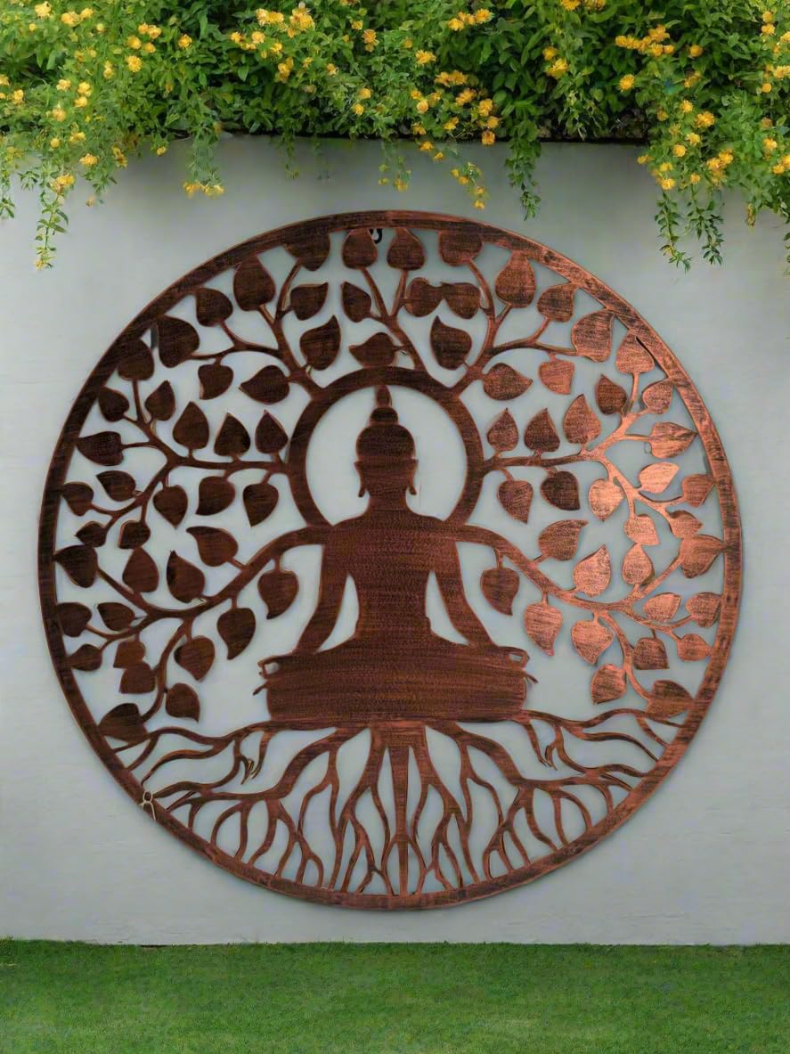 Buddha Tree of Life Metal Wall Art, Bronze, 80cm Round, Handmade Powder Coated Steel, Indoor Outdoor Garden Decor Plaque suitable for indoors/outdoor
