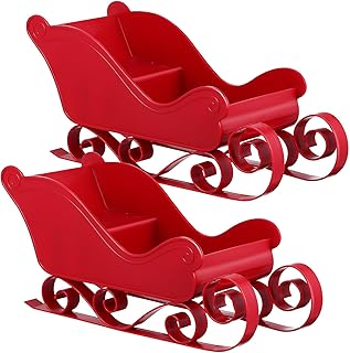 2Pcs Christmas Sleigh Ornament, Christmas Sleigh Desk Top Decor Red Plastic Decorations Tabletop Sleighs