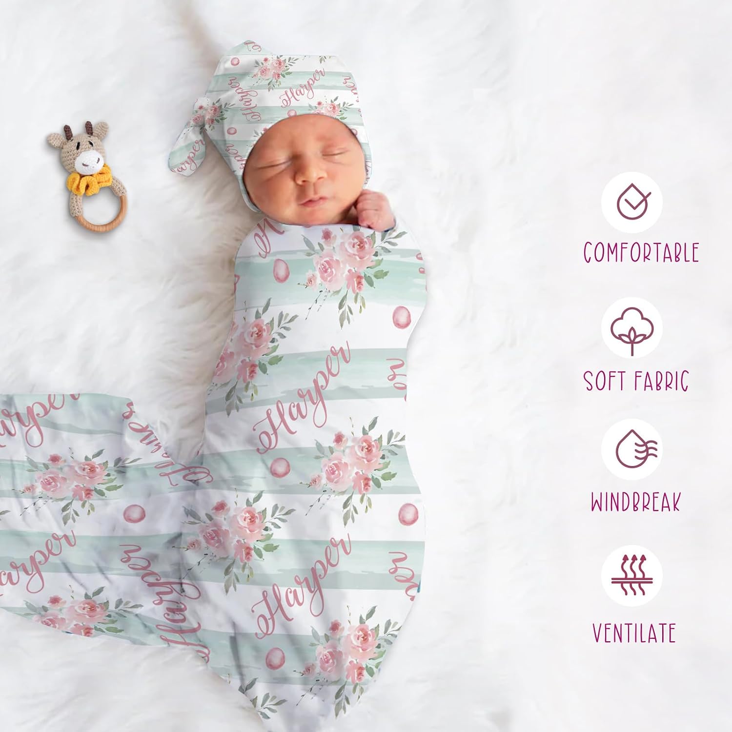 Custom Baby Swaddle Set - Muslin Swaddle Blanket Hat Headband for Infant Baby Girl Personalized Swaddle Blanket Newborn Gift