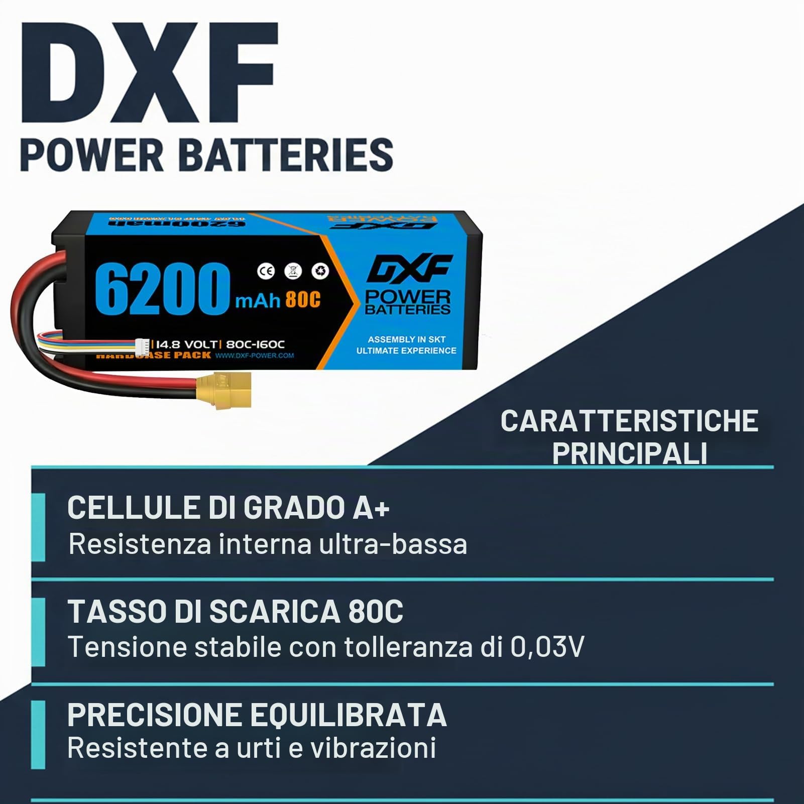 DXF Batteria LiPo 4S 14.8V 6200mAh 80C Spina XT90 Auto RC Truck Buggy 1/8 1/10 Alte Prestazioni Potente Affidabile Esperienza Decennale Gare Racing Modellismo 2 Pezzi