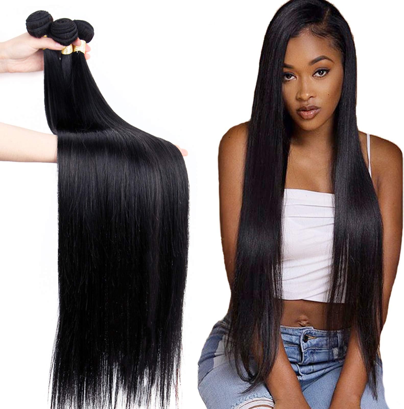 FDX Straight Bundles 16 18 20 Inches Human Hair Bundles 10A Brazilian Virgin 100% Unprocessed Straight Hair Bundles Weave Human Hair Natural Color (16 18 20)