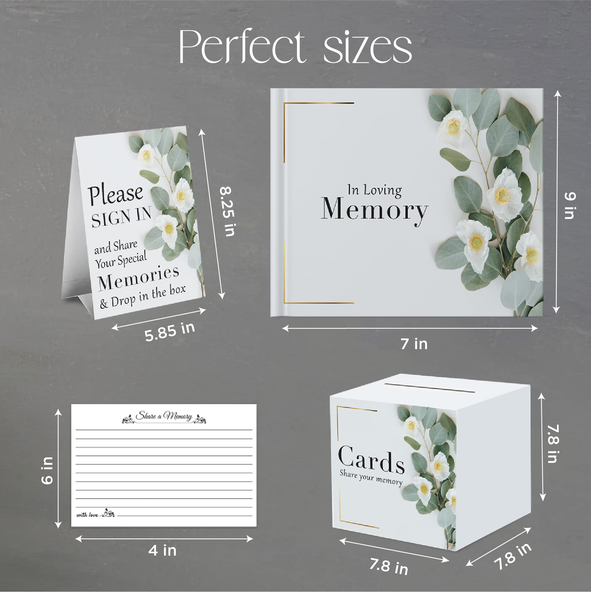 Set di 7 libri degli ospiti, libro degli ospiti funebri, include: libro degli ospiti, 50 schede di memoria, penna a sfera + portapenne, cartello da tavolo, scatola di carta, cassetta postale, libro