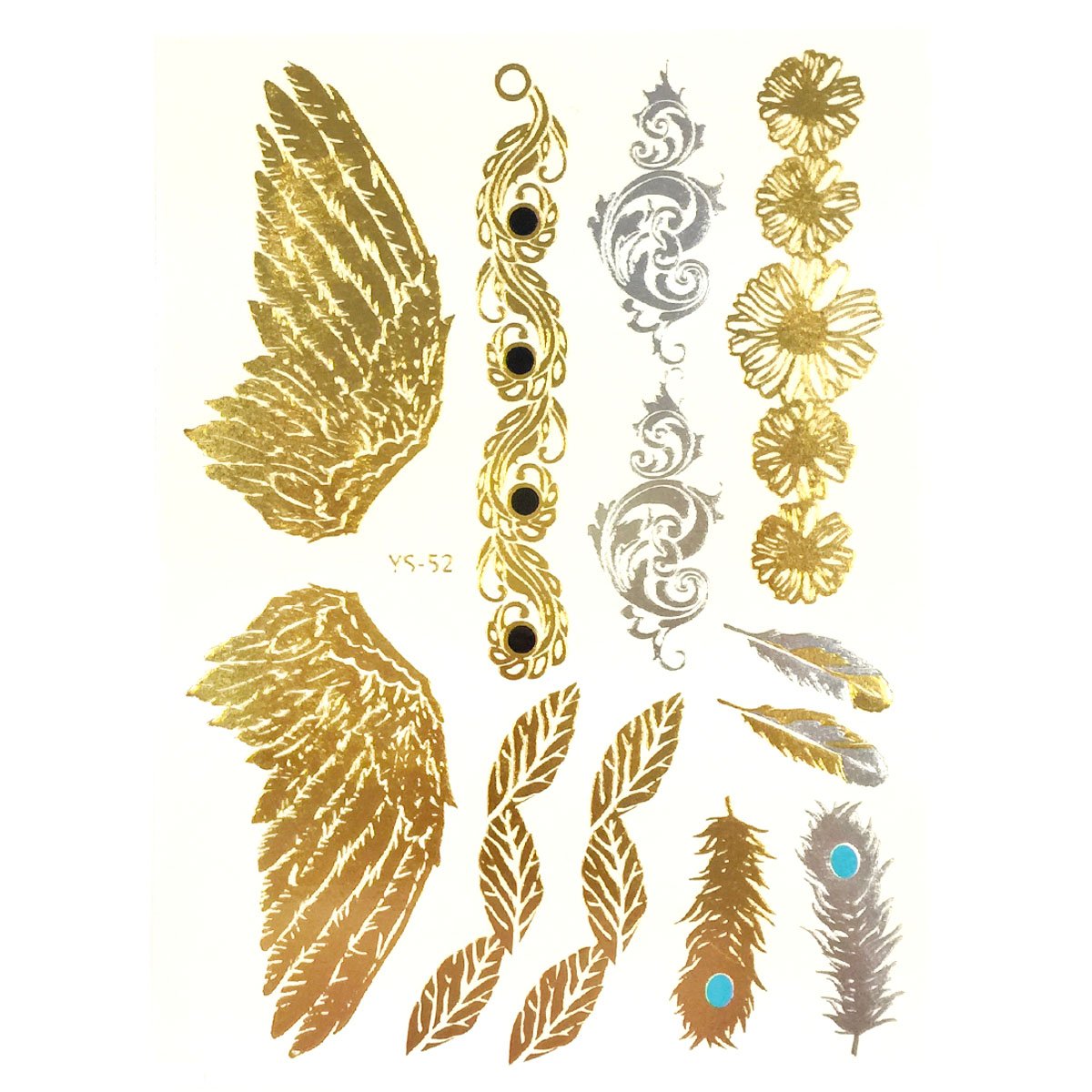 Allydrew Large Metallic Gold Silver and Black Body Art Temporary Tattoos, Feathers, Wings, Daisies