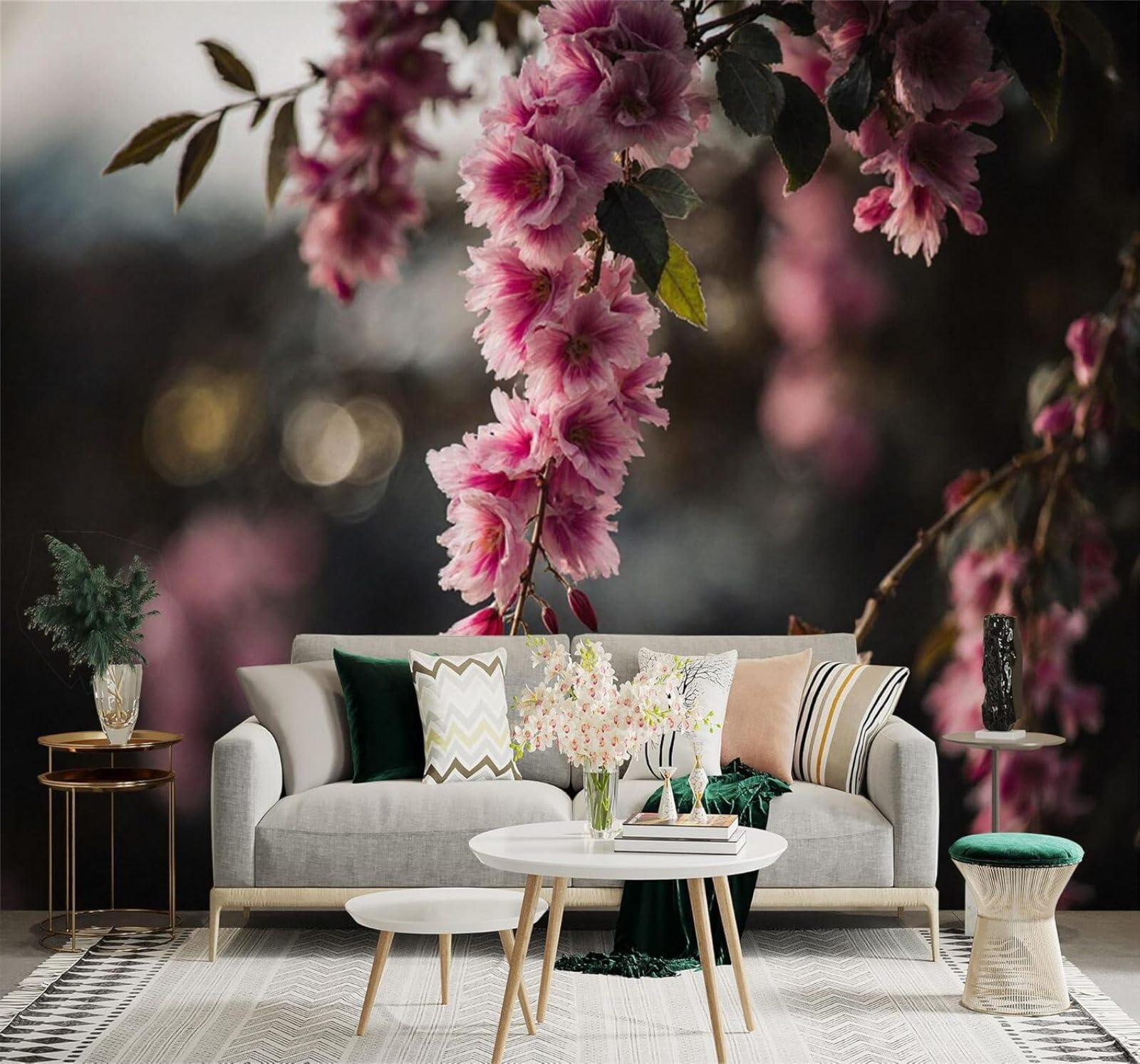 XLMING Romantic Pink Flowers Branches Dark Background Photographic Art 3D Wallpaper Premium Textured Silk Study Dining Living Room Bedroom Sofa TV Wall Easy Install-350cm×256cm