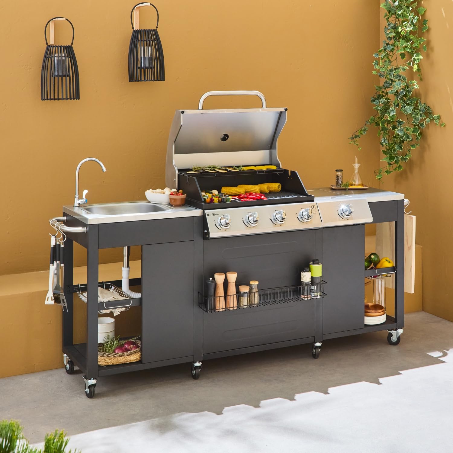 sweeek - Barbacoa de gas, cocina de exterior, Negro, 5 quemadores