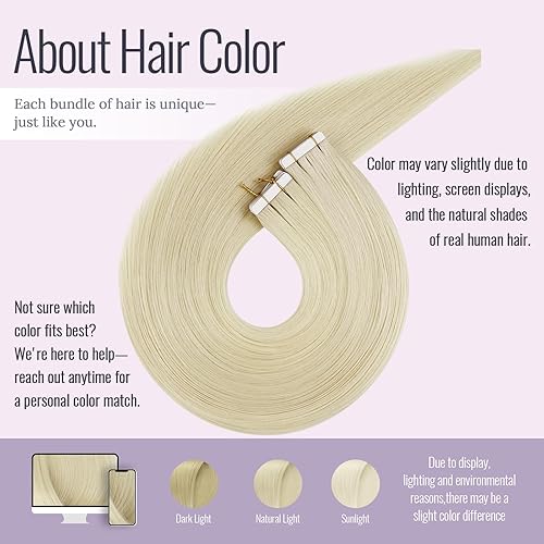 Miniatura 2 de Fshine Extensiones de cabello humano rubio con cinta adhesiva, 12 pulgadas, extensiones de cabello real color rubio blanco con trama cutánea,