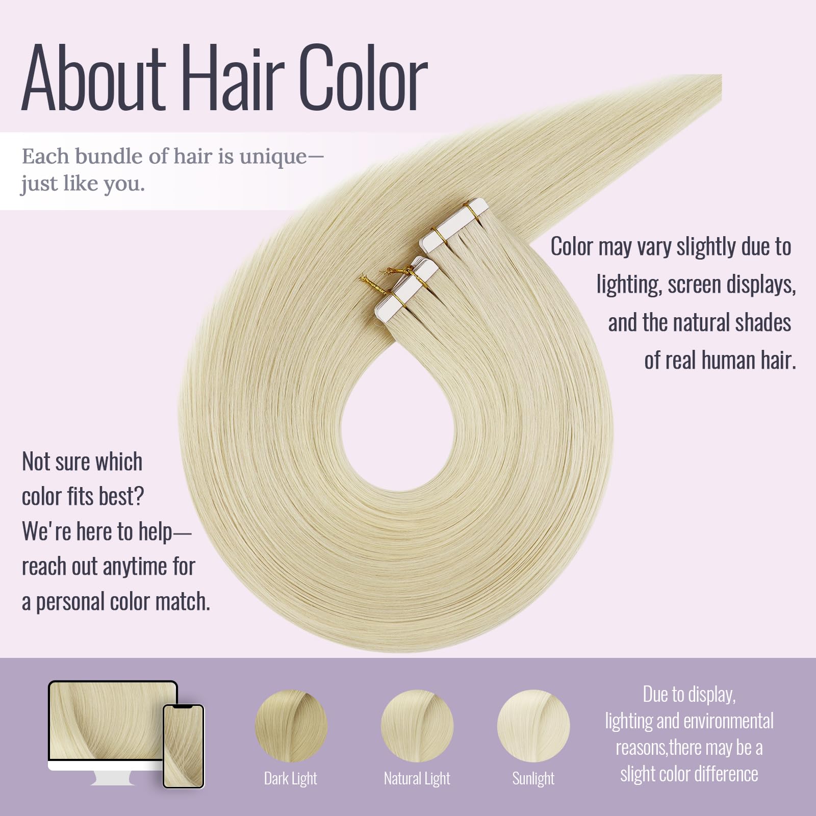 Primer plano de las extensiones Fshine mostrando la cinta adhesiva integrada y la textura del cabello rubio blanco.