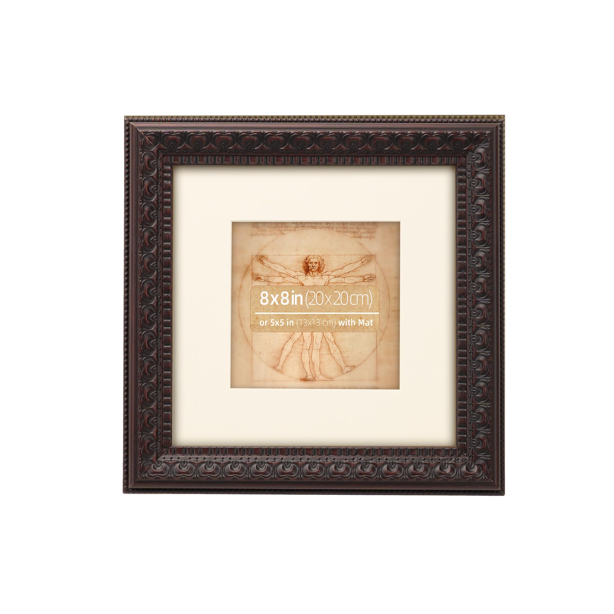 Wynco Mahogany 8X8 Inch Distressed Ornate Vintage Wood Picture Frame With Mat For 5X5 Photos, Real Glass, Wall Or Tabletop Display