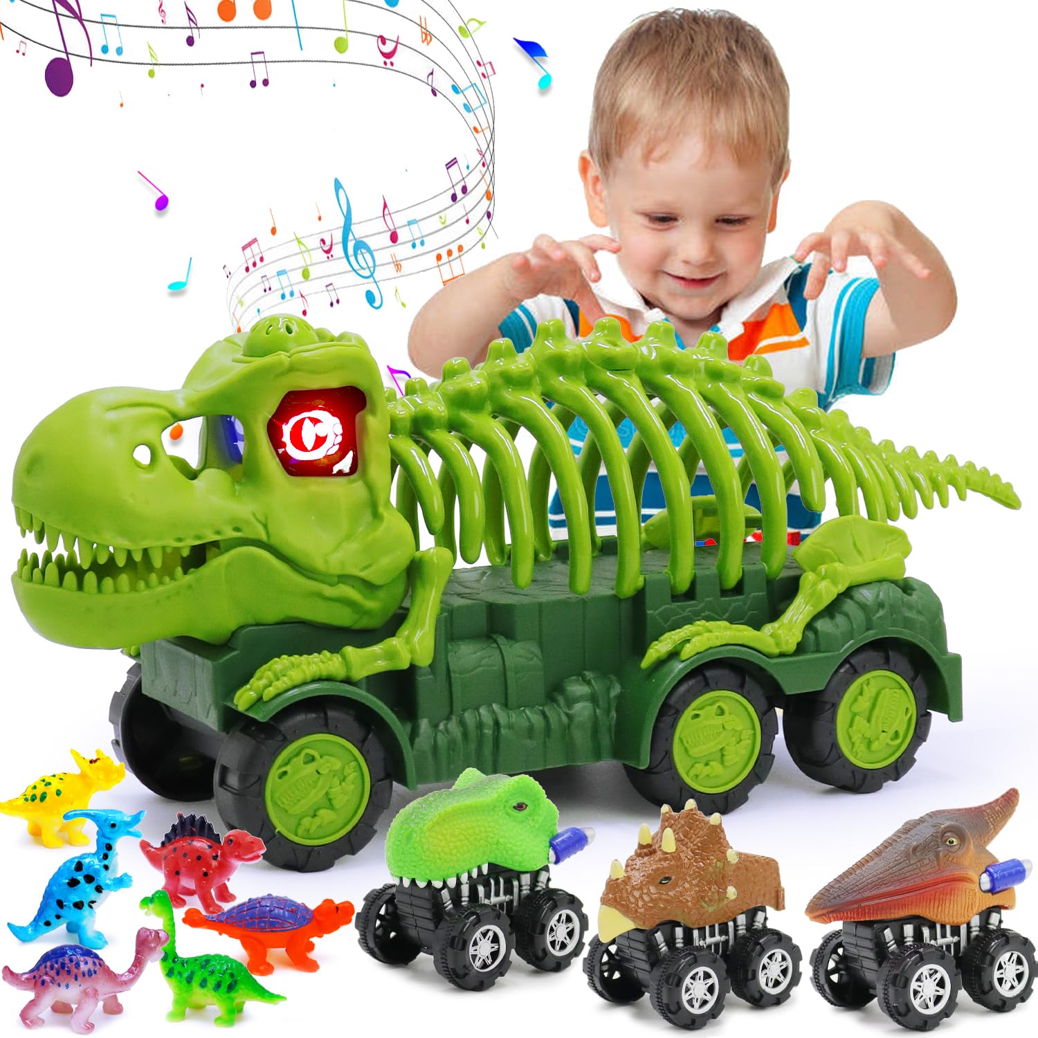 Dinosaur Truck Toys for Toddler Boy 2 3 4 5 6 7 Year Old, 10 in 1 Skeleton Carrier Car Friction Powered Big Dinosaur Transport Truck Set, with Lights Music & Roar Sound and 3 Dinosaur Catapults…