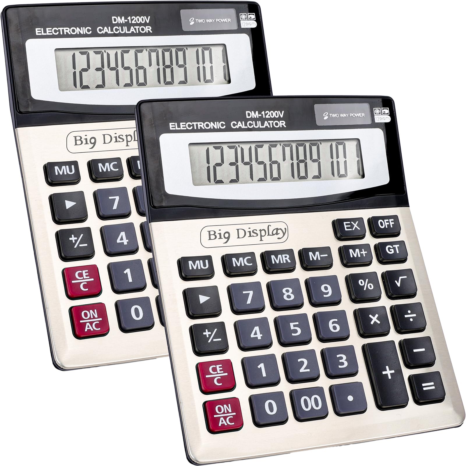 Paquete de 2 calculadoras de escritorio con botones de llave grandes, calculadoras de 12 dígitos de escritorio con pantalla LCD grande, funciona con energía solar y pilas, calculadora de escritorio
