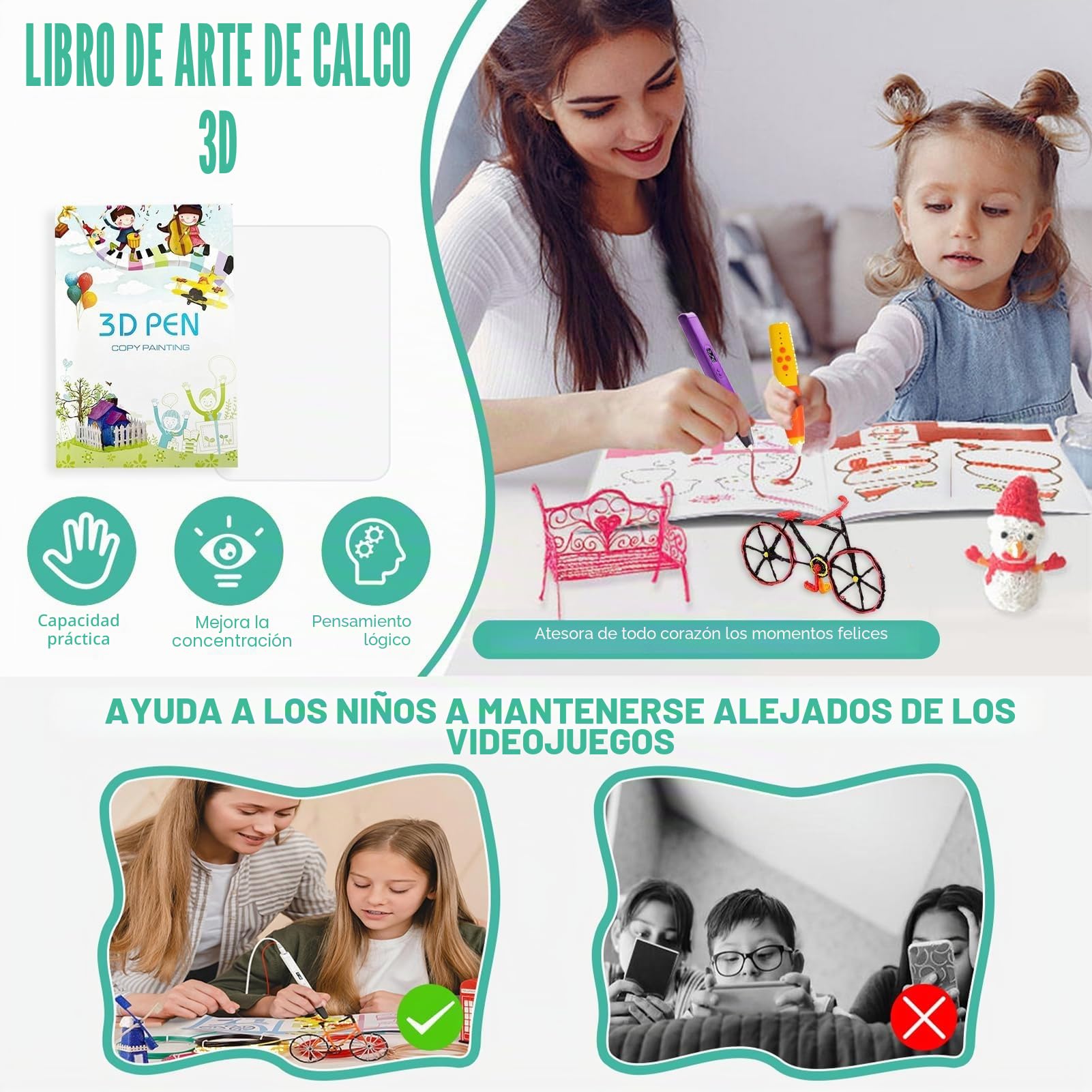 Libro de dibujo con impresión 3D plantillas de bolígrafo 3D plantilla reutilizable y colorida con 40 patrones de papel grueso con tablero de copia de plástico transparente regalo de bricolaje creativo