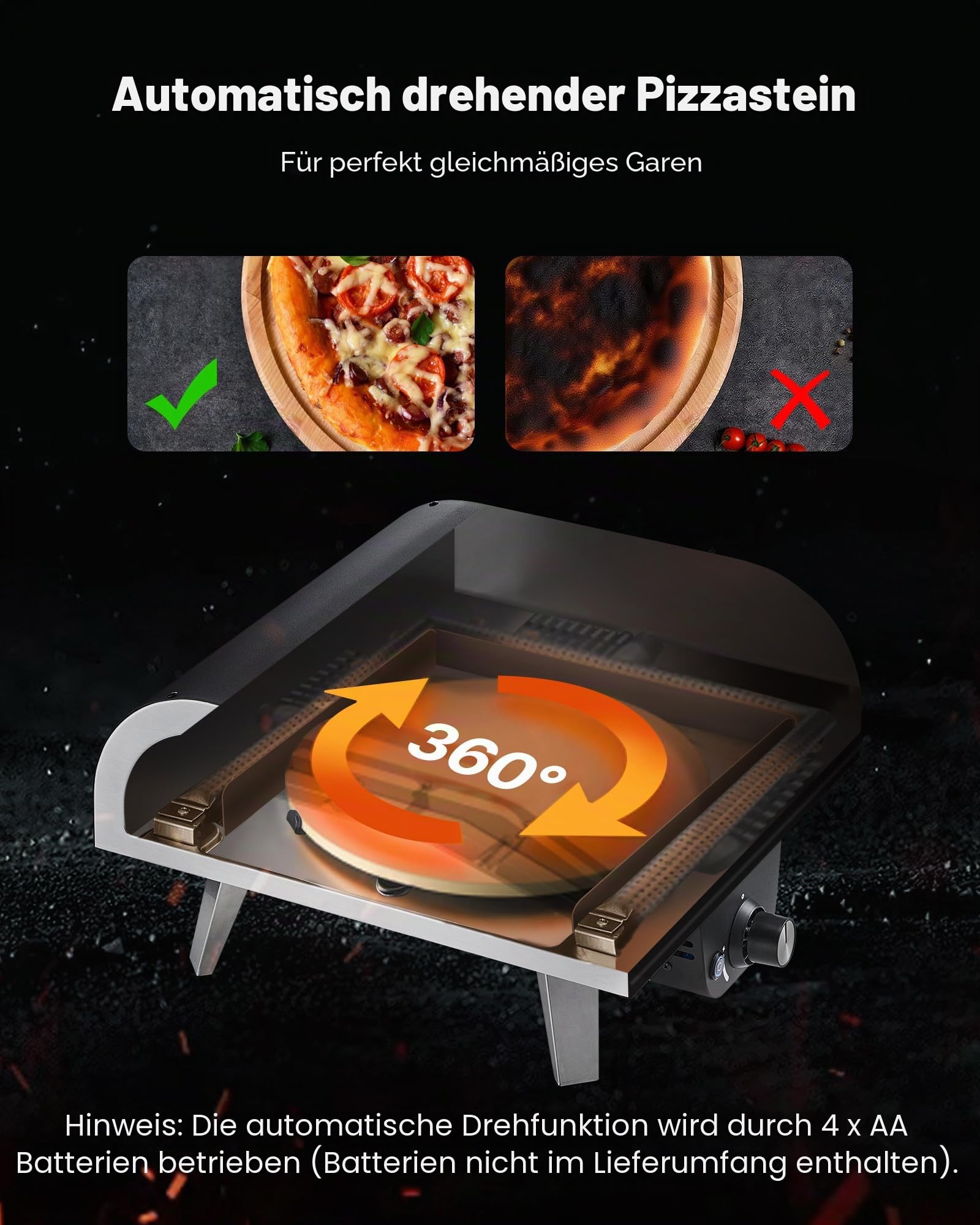 VEVOR Pizzaofen für den Außenbereich, Propan-Gas, mit elektrischer Rotation und dickem Pizzastein, tragbar, für Camping, Garten, Terrasse, mit Tragetasche, Schwarz, 470 x 430 x 270 mm