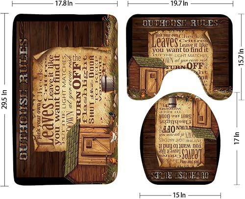 Miniatura 3 de Outhouse - Alfombra de baño de espuma viscoelástica, 3 piezas, rústica, reglas de madera primitiva, pollo y hierba, citas divertidas, juego de