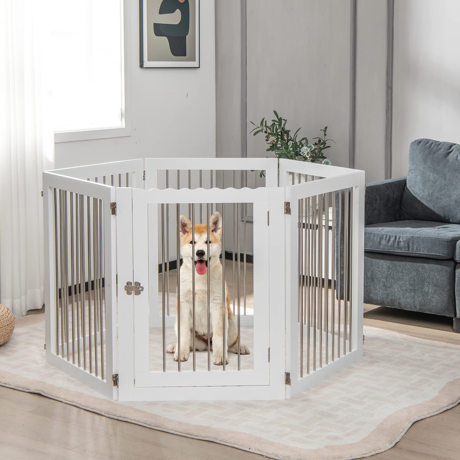 COSTWAY 6-teiliges Absperrgitter Hunde, Freistehendes Hundegitter mit Tür & 4 Stützfüßen, 80cm hoch, Klappbarer Schutzgitter, Treppengitter aus Holz und Edelstahl, für Kamin Treppe, Weiß