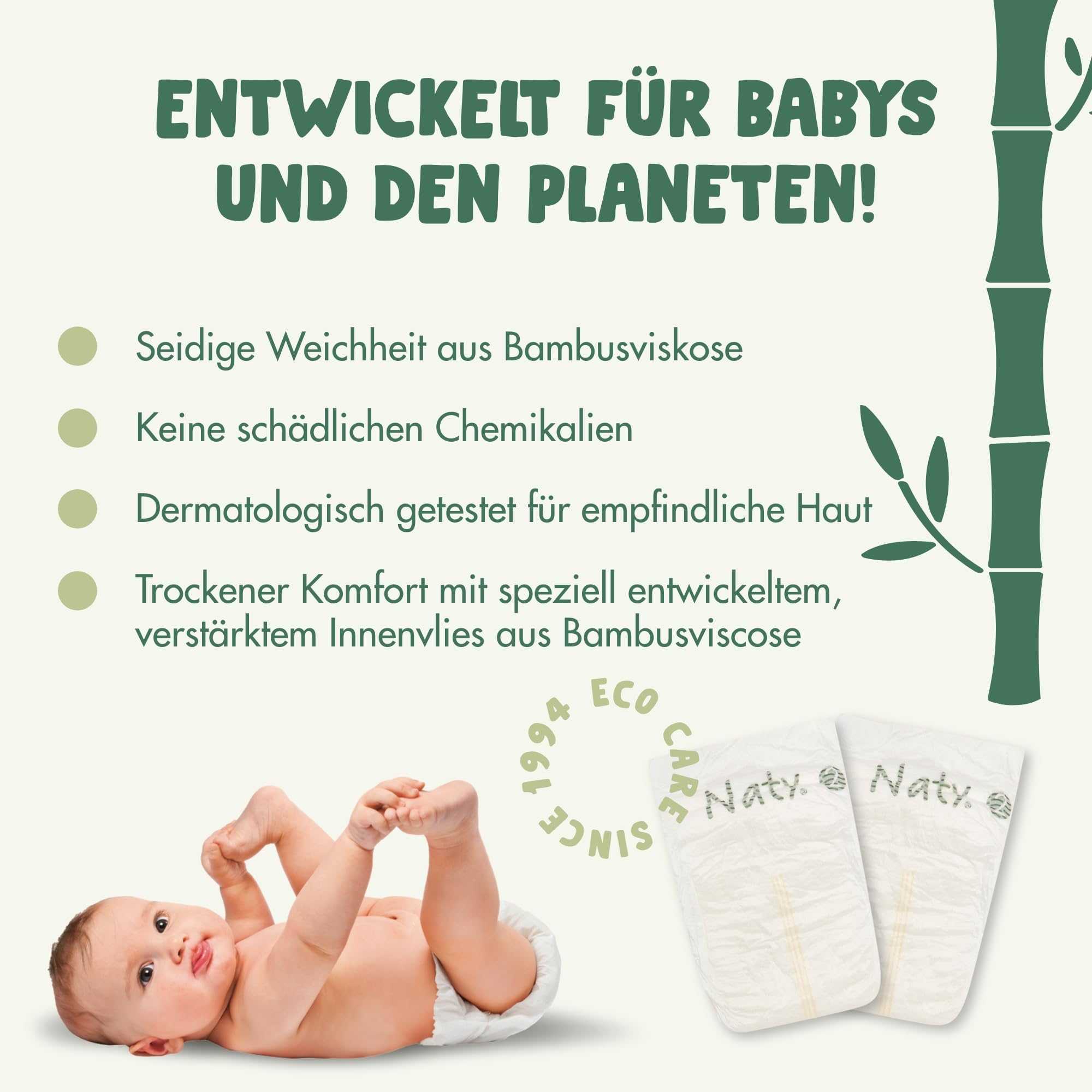 Naty Bamboo Baby Windeln aus Bambus-Viskose – Seidenweich, pflanzenbasierte Windeln, Dermatologisch getestet für empfindliche Haut & super saugstark (Größe 2, 88 Stück)