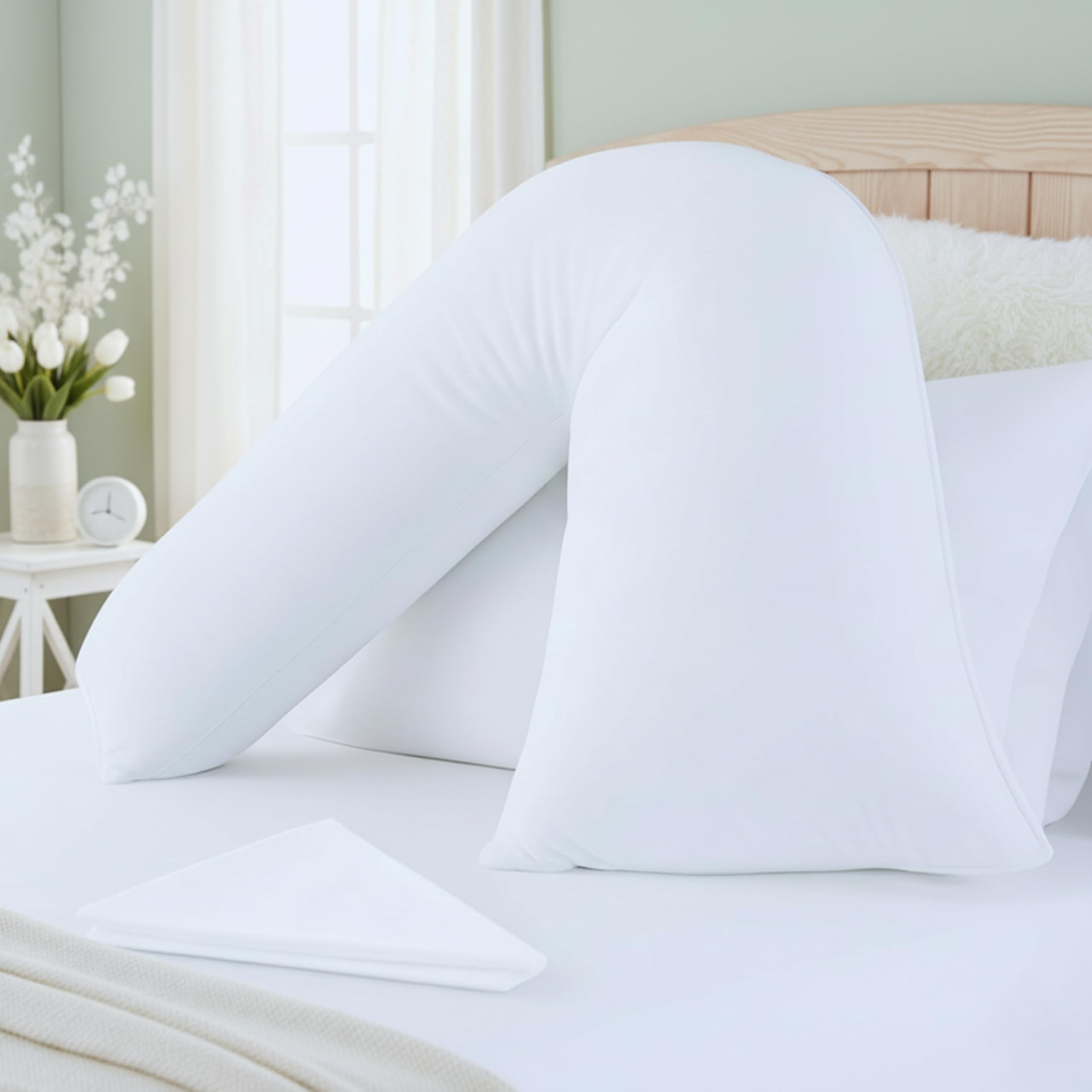 ELOVELA Orthopaedic V Pillow with Pillowcase โ Super Soft & Hypoallergenic V Shape Pillow for Nursing, Maternity & Pregnancy Support โ Ideal for Every Sleeping Position - Machine Washable (White)