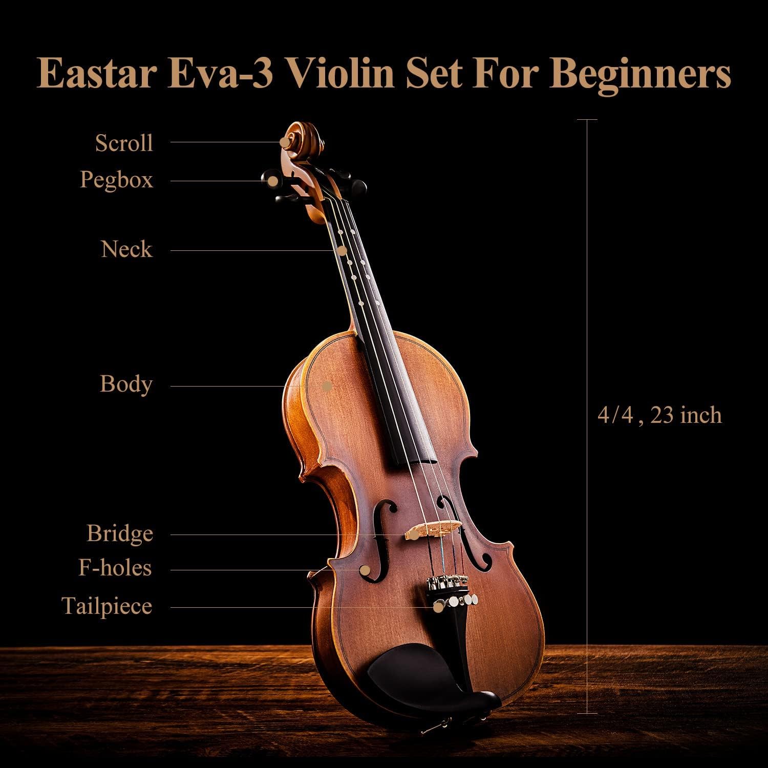 Il violino Eastar EVA-3 4/4 presenta una finitura opaca ed è adatto a principianti adulti. Viene fornito con custodia rigida, spalliera, archetto, accordatore e corde di ricambio.