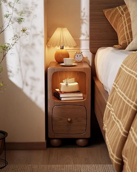 Solid Wood Small Bedside Table with Drawer,Modern Bedside Table,Slim nightstand for Kids Skinny Nightstand Narrow,Bedroom,Study,Toilet(Walnut)