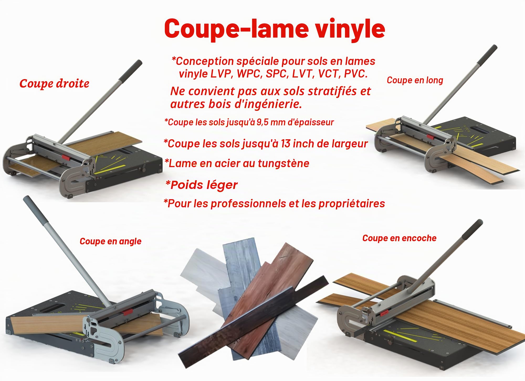 Coupe-sol en vinyle rigide Pro de 33 cm avec lame de rechange de 33 cm, double le temps de coupe SPC/LVT/WPC jusqu'à 9 mm. Coupes d'angle instantanées 15/22,5/30/45. Aucune mesure ! Pas de devinettes