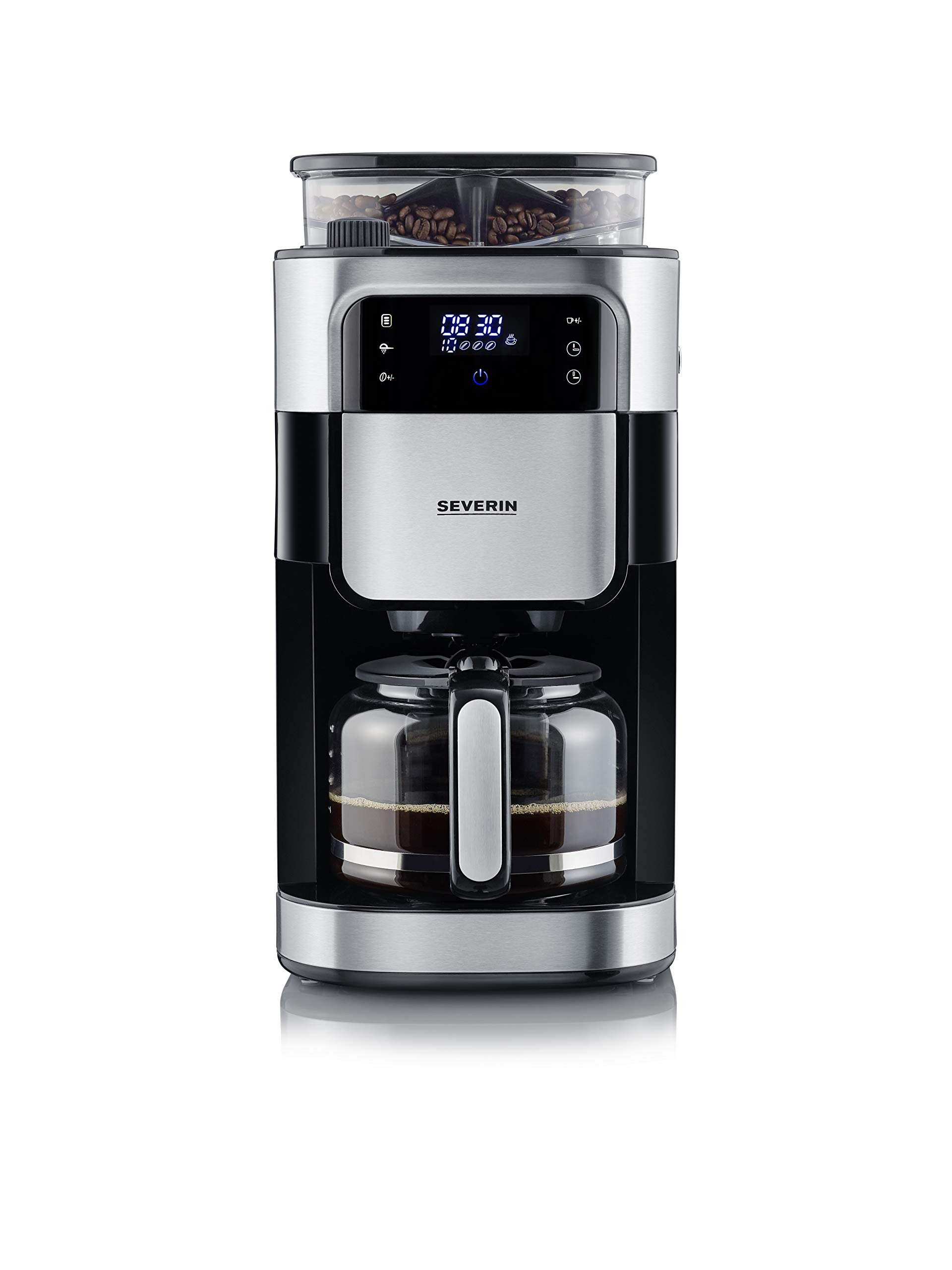 SEVERIN - Cafetera de goteo con molinillo hasta 10 tazas, Cafetera de filtro / Cafetera americana con jarra de cristal de 1l, con pantalla LED con temporizador, Acero inoxidable / Negro, KA 4813