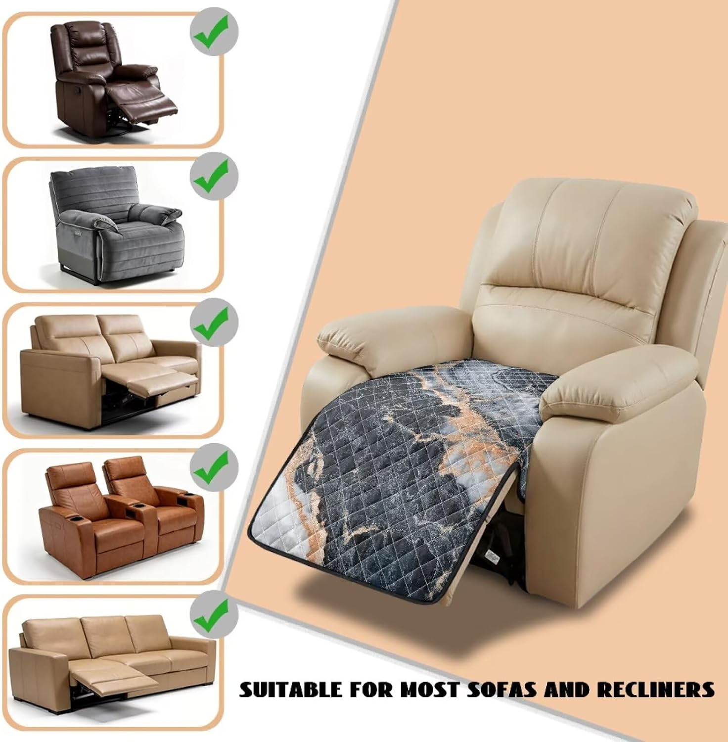 Black Golden Marble Print Recliner Chair Covers, Lazy Boy Chair Covers for Reclining Chair Couch Soft Furniture Protector Non-Slip Slipcovers for Pets Dog Cat