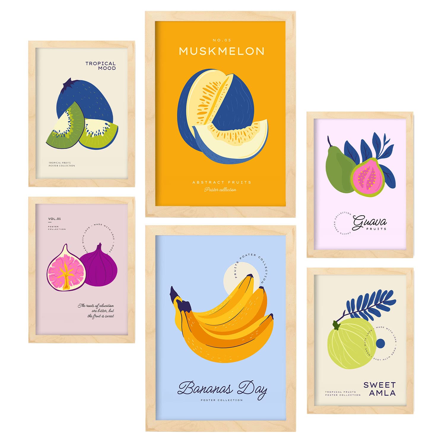 Nacnic Set de 6 Posters de Comida y Alimentación. Frutas Tropicales. Láminas de Naturaleza y Nutrición para el Diseño y Decoración de Interiores. Tamaños A3 & A4, Marcos Color Madera.