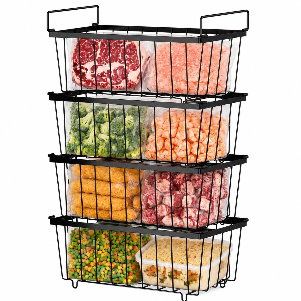 4 Pack Chest Freezer Baskets - Stackable Freezer Organiser for 198L Chest, Storage Basket Pantry with Handles for Kitchen Cabinets Pantry, Sort Frozen Foods and Save Space, Easy to Get Items, Black