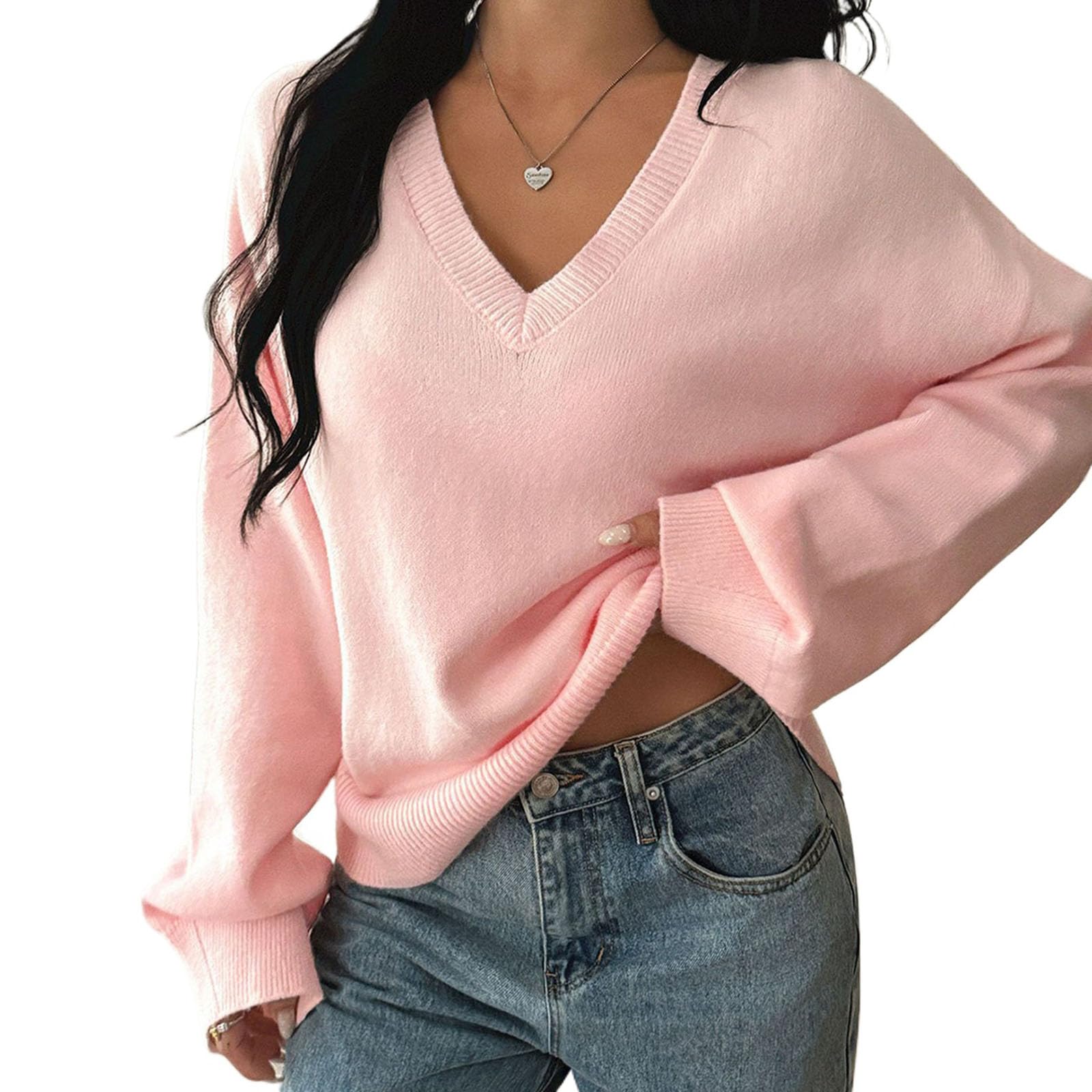 Pull à Manches Longues à col en V pour Femmes, Haut tricoté à côtes Douces, Pull décontracté Confortable de Couleur Solide