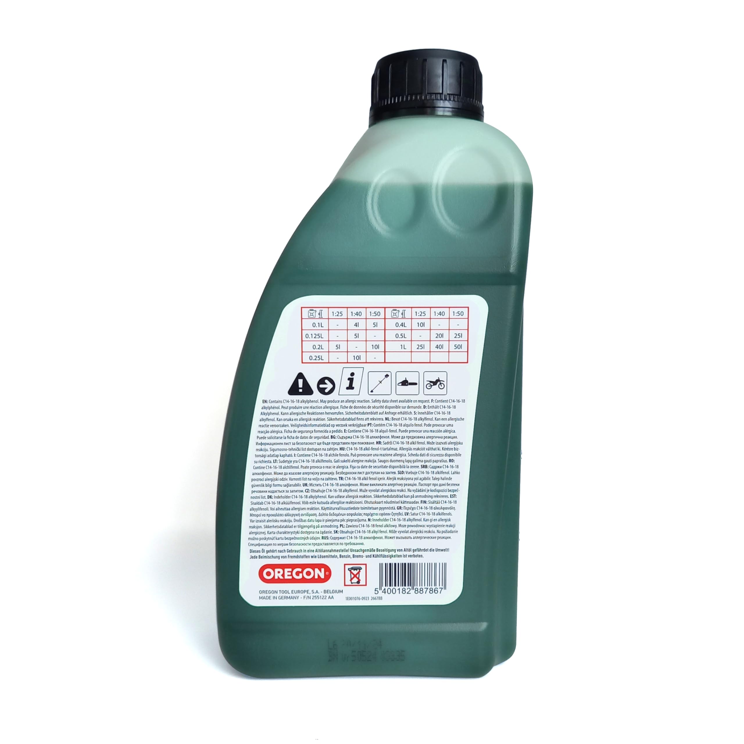 Oregon Olio Motore 2 Tempi, Lubrificante Minerale Automiscelante Semisintetico a Combustione Pulita e Basso Contenuto di Ceneri, Protegge il Motore e Massimizza le Prestazioni, 2 T, 1 Litro, Verde