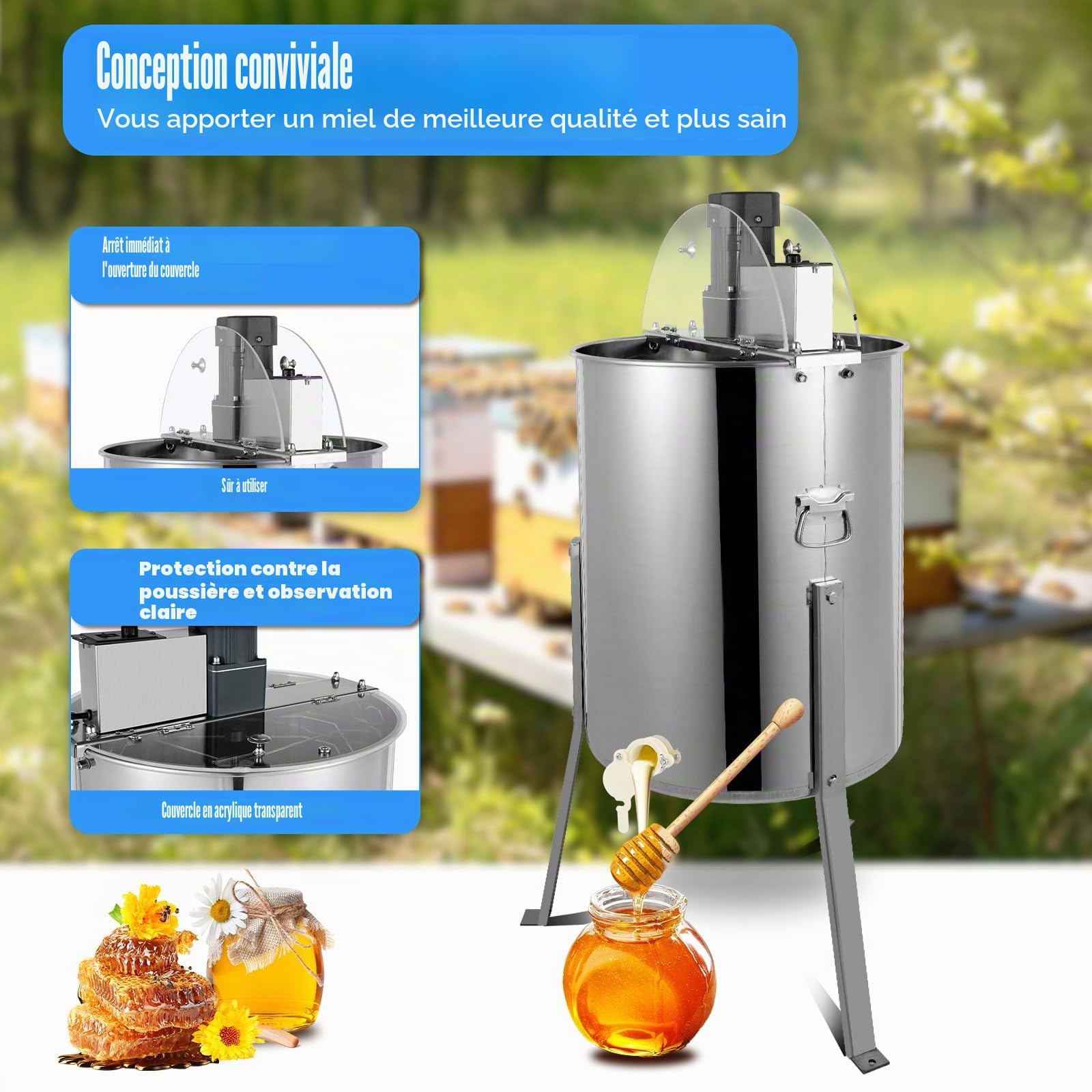 Essoreuse à miel électrique 140 W 220 V 4 cadres - Essoreuse tangentielle électrique - Collecteur de miel en acier inoxydable - Extracteur de miel électrique - Accessoire pour apiculteur