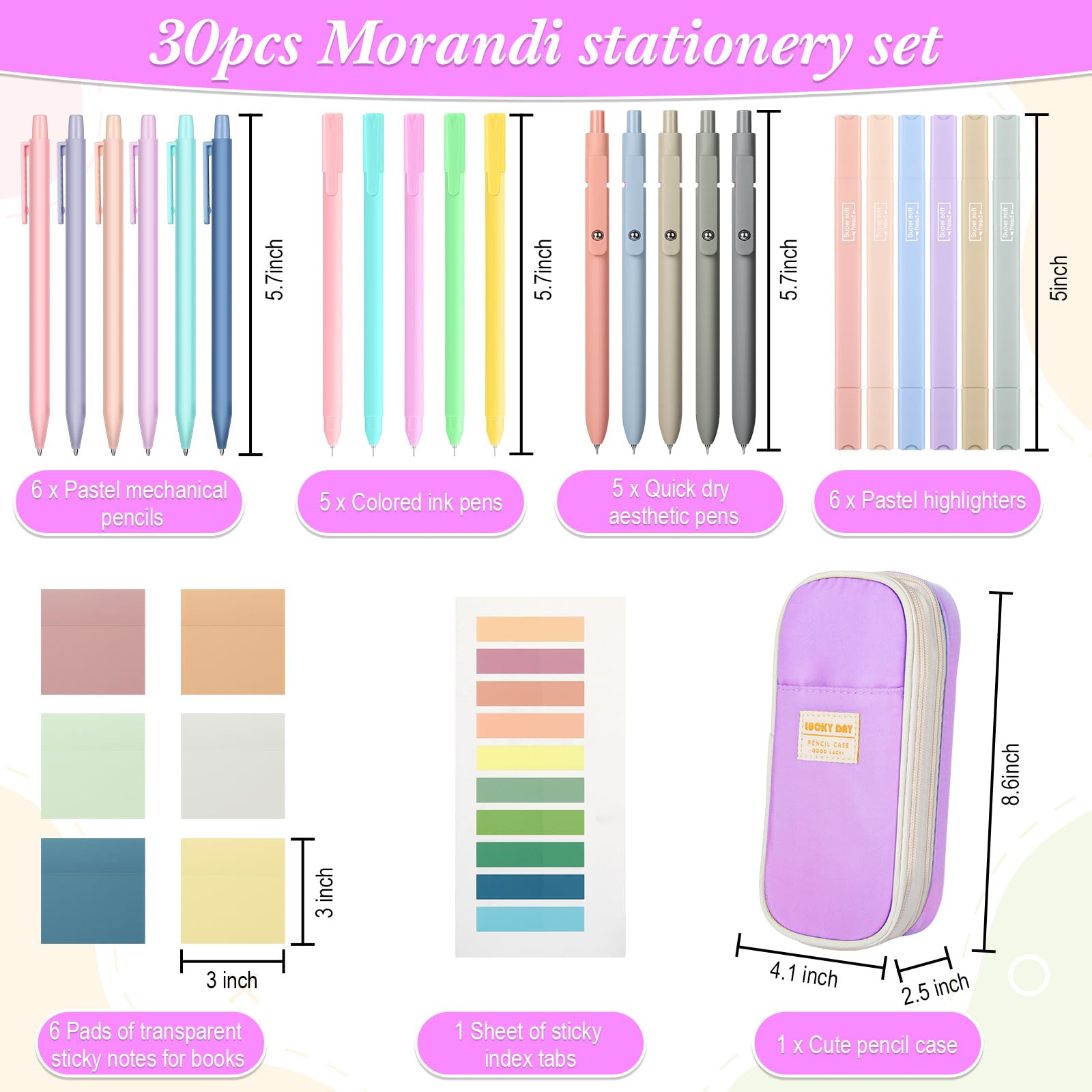 Lincia Ästhetisches Schulbedarf, 6 niedliche Druckbleistifte, 5 farbige Kugelschreiber, 5 schnell trocknende Stifte, 6 Pastell-Textmarker, 6 transparente Haftnotizen, Haftnotizen, Stifteetui für Büro,