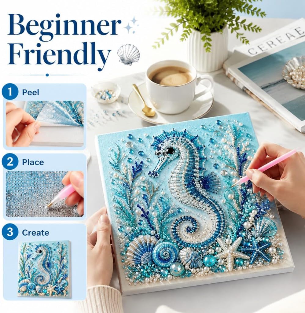 RIHUALS Ocean Theme Pearl Art DIY Kit for Adults, 3D Diamond Painting Craft, Sparkling Coastal Decor Wall Art with Pearls & Rhinestones, Bead Dot Art Kits for Beginners DIY Gift (Sea​Turtle)