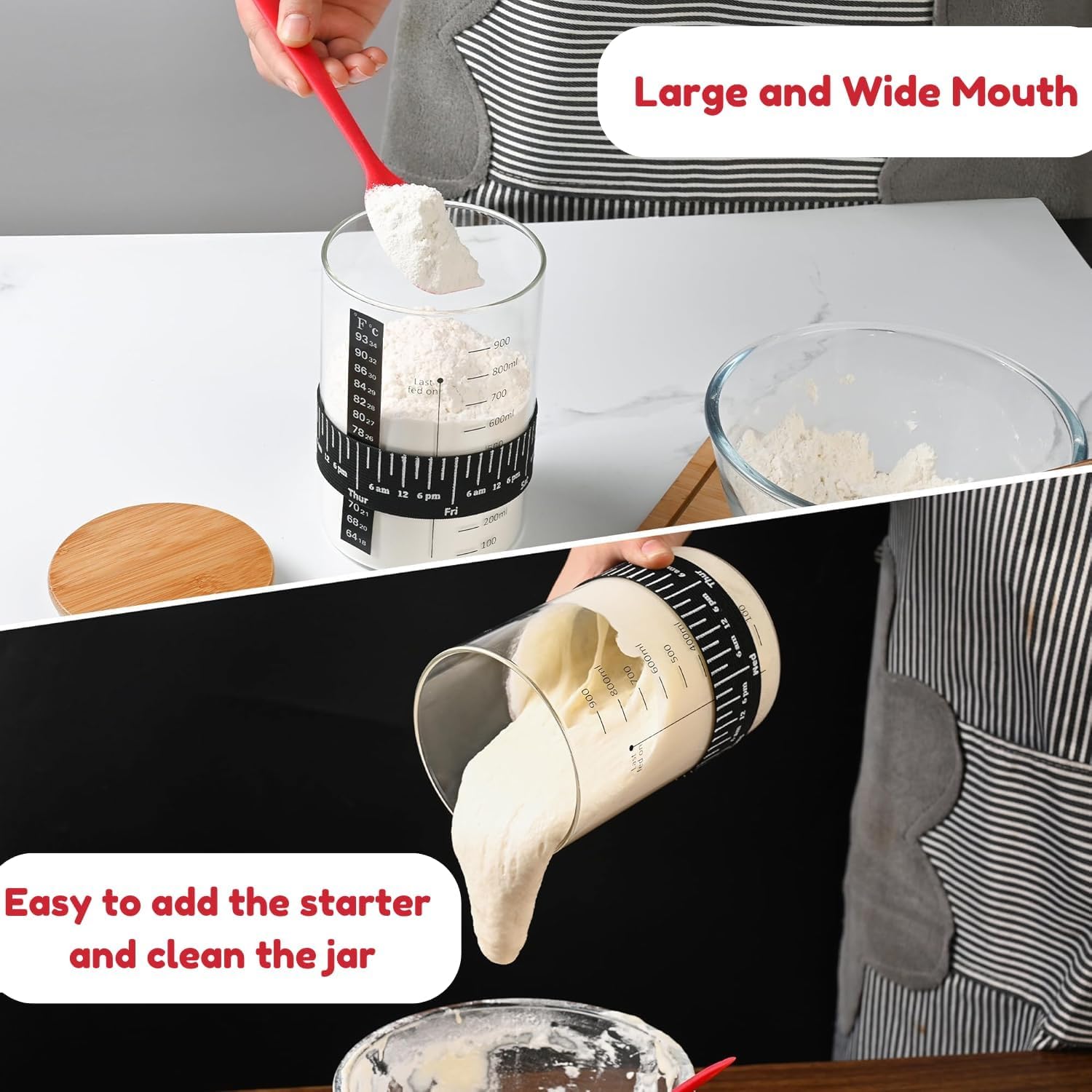 Kit de démarrage au levain – Grand bocal en verre à large goulot de 950 ml, recette de levain, spatule, thermomètre, bande d'alimentation avec date marquée, couvercle en tissu respirant – Bocal de