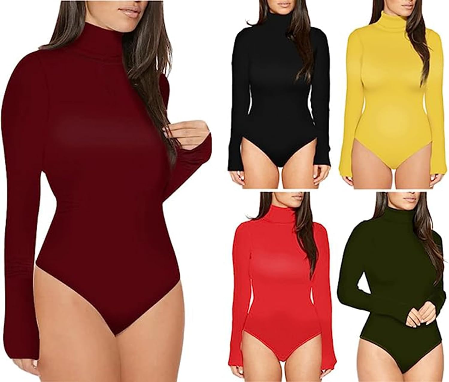 Sumtory Women High Neck Top Bodysuit Long Sleeve Bodycon Romper Solid Thong Leotard - Image 6
