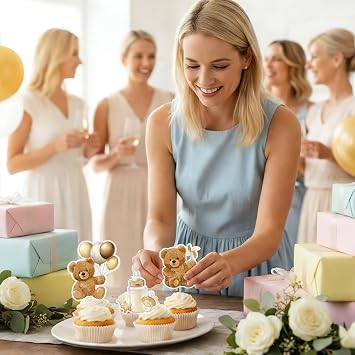 24pcs Bear Cupcake Toppers for Baby Shower Teddy Bear Cake Toppers for Boys and Girls Baby Shower Decoration Gender Reveal Birthday Party