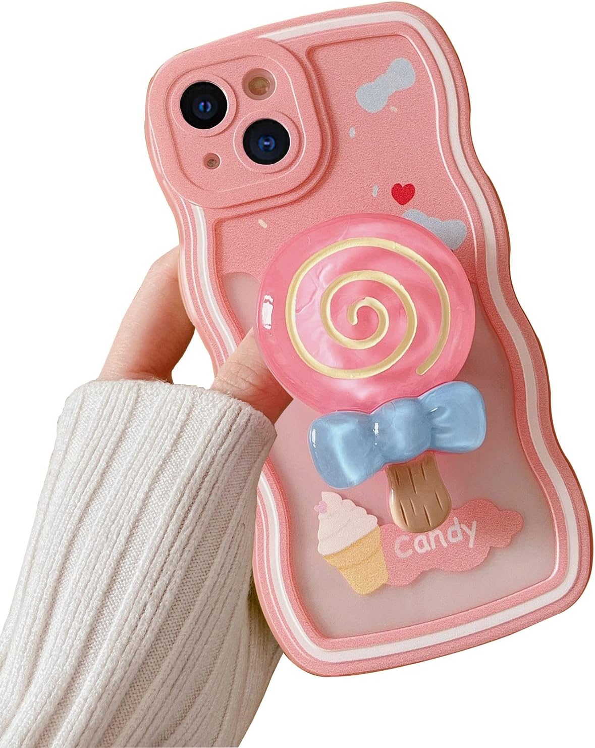 KUMTZOCompatible with iPhone 13 Case, Cute Cream Print Clear Soft TPU Case with Candy Ring Kickstand Camera Protecion Shockproof Cover for Women Girls with iPhone 13 6.1 inch (Pink)