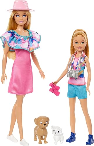 Barbie & Stacie - Juego de muñecas con 2 perros y accesorios, muñecas con pelo rubio y ojos azules, ropa de verano