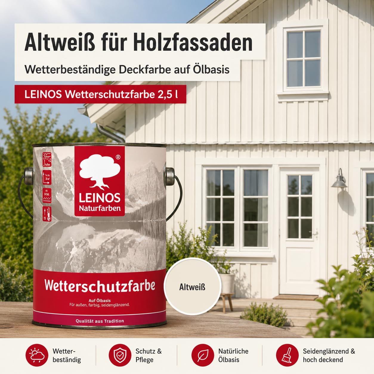 LEINOS Wetterschutzfarbe 2,5 l | Altweiß Holzlasur für Holzfassaden Fenster Gartenhäuser | wetterbeständige Deckfarbe, effektive Versiegelung, langanhaltender Schutz auf Ölbasis im Außenbereich