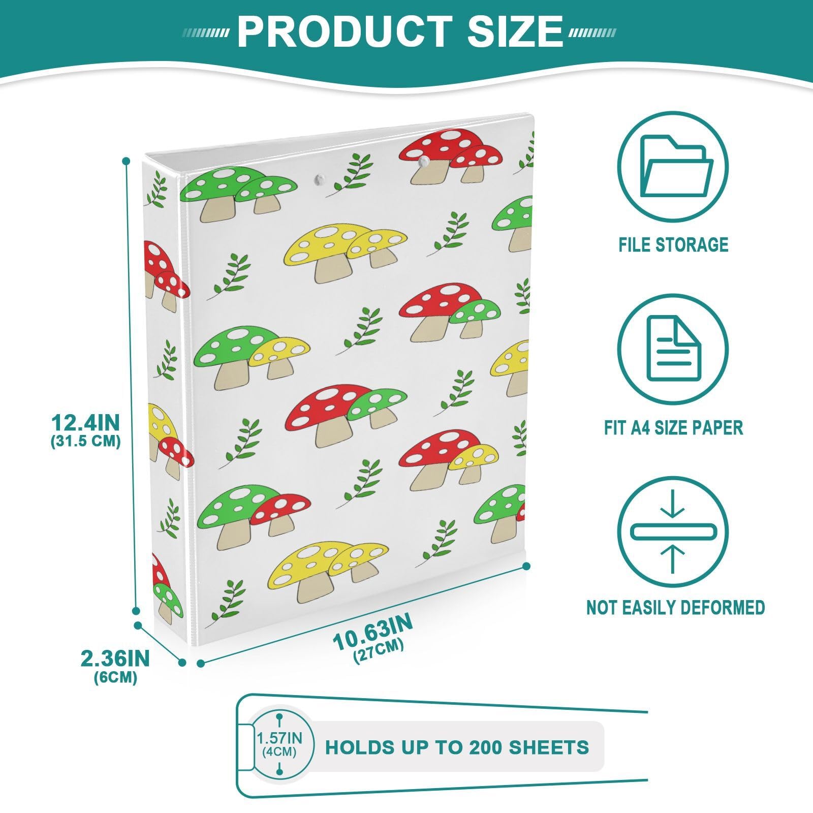Raccoglitore a 3 anelli rotondi impermeabile con portablocco, in PVC, trasparente, formato A4, versatile, 200 fogli, per ufficio, scuola, casa, organizzazione ricette, motivo: funghi